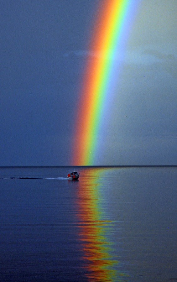 Regenboog reflecteert in water